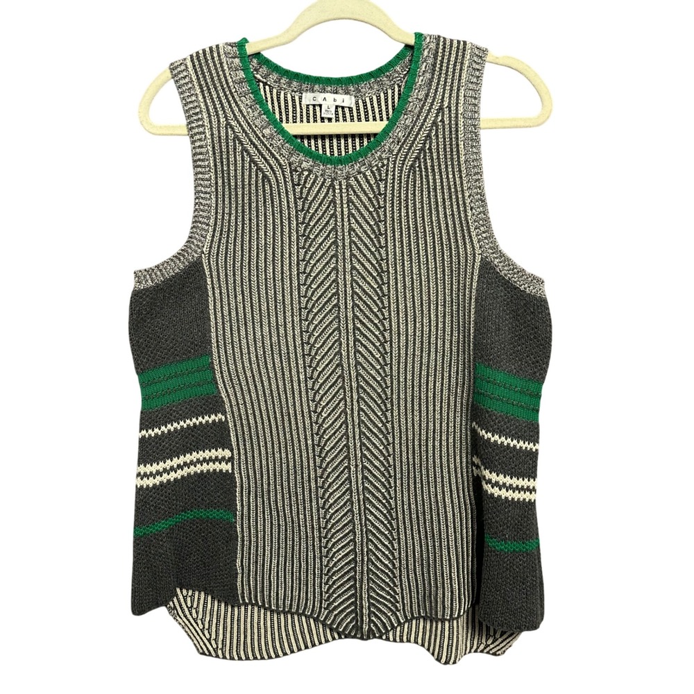Cabi Trident Sweater Tank L Grey Green Herringbone Knit Sleeveless Tunic Vest - Picture 4 of 9